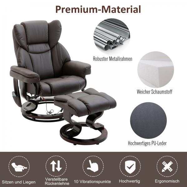 Fauteuil de massage, fauteuil de relaxation avec repose-pieds, fonction chauffante, simili cuir, marron