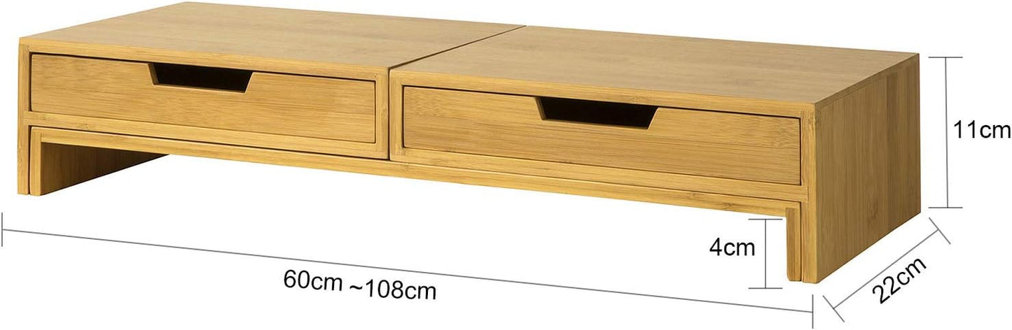 Design Monitorerhöhung für 2 Monitore | Monitorständer mit 2 Schubladen | Bambus | BBF04-N