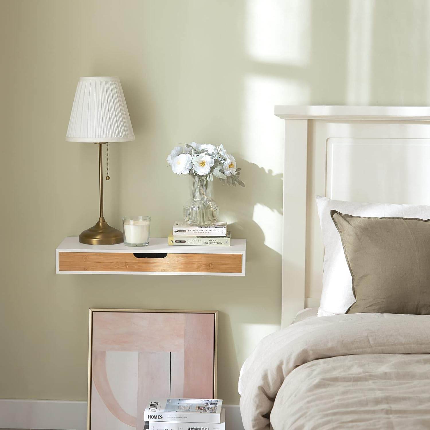 Schweberegal Weiss Hängeschublade | Wandschublade Bambus | FRG93-WN - Palo24