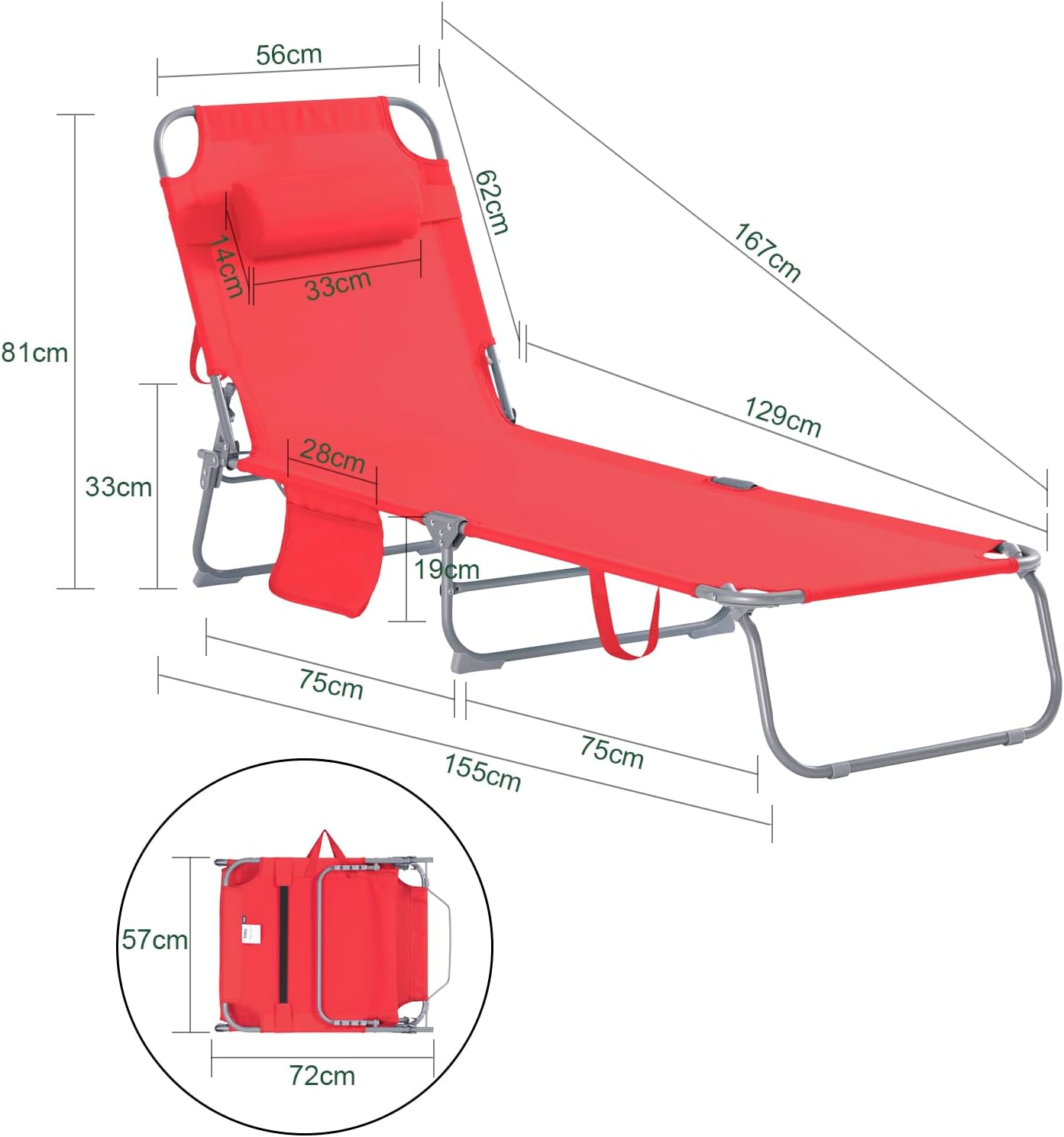 Strandliege | Gartenliege | Sonnenliege klappbar | Rot | OGS35-R