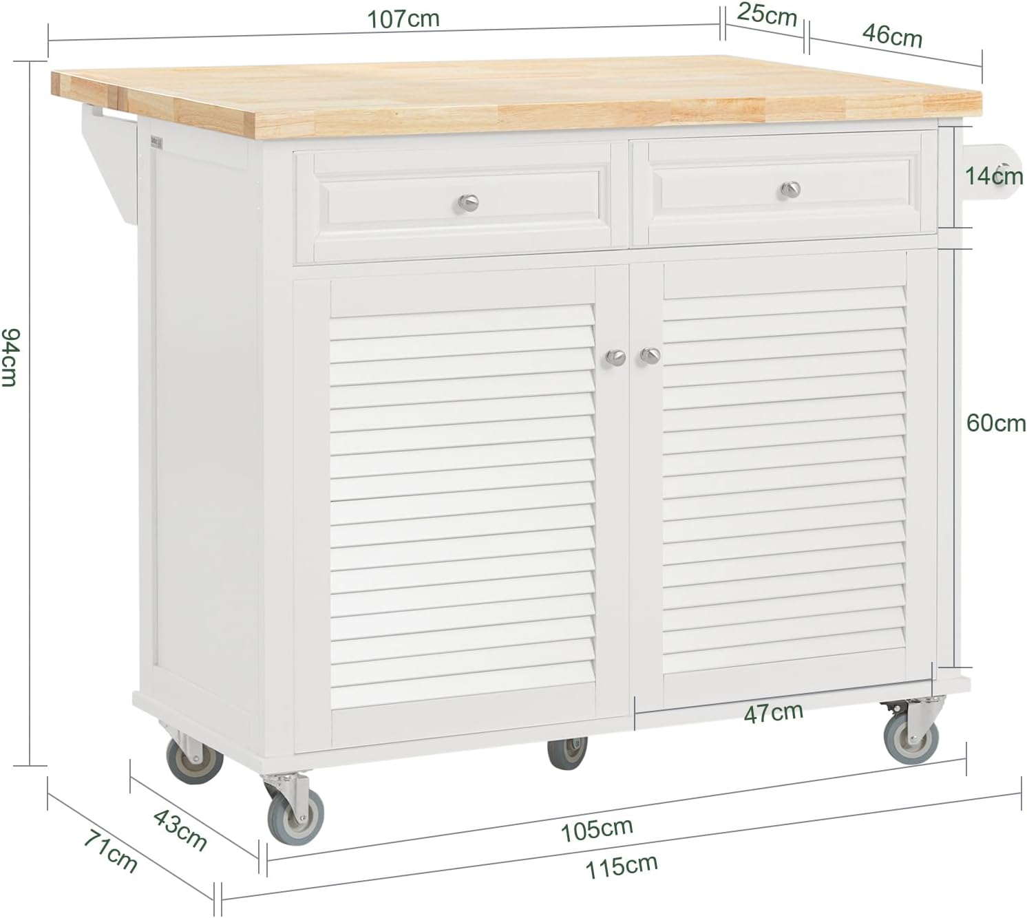 Kücheninsel | Küchenwagen mit erweiterbarer Arbeitsplatte | Küchenschrank | Weiss FKW84-II-WN