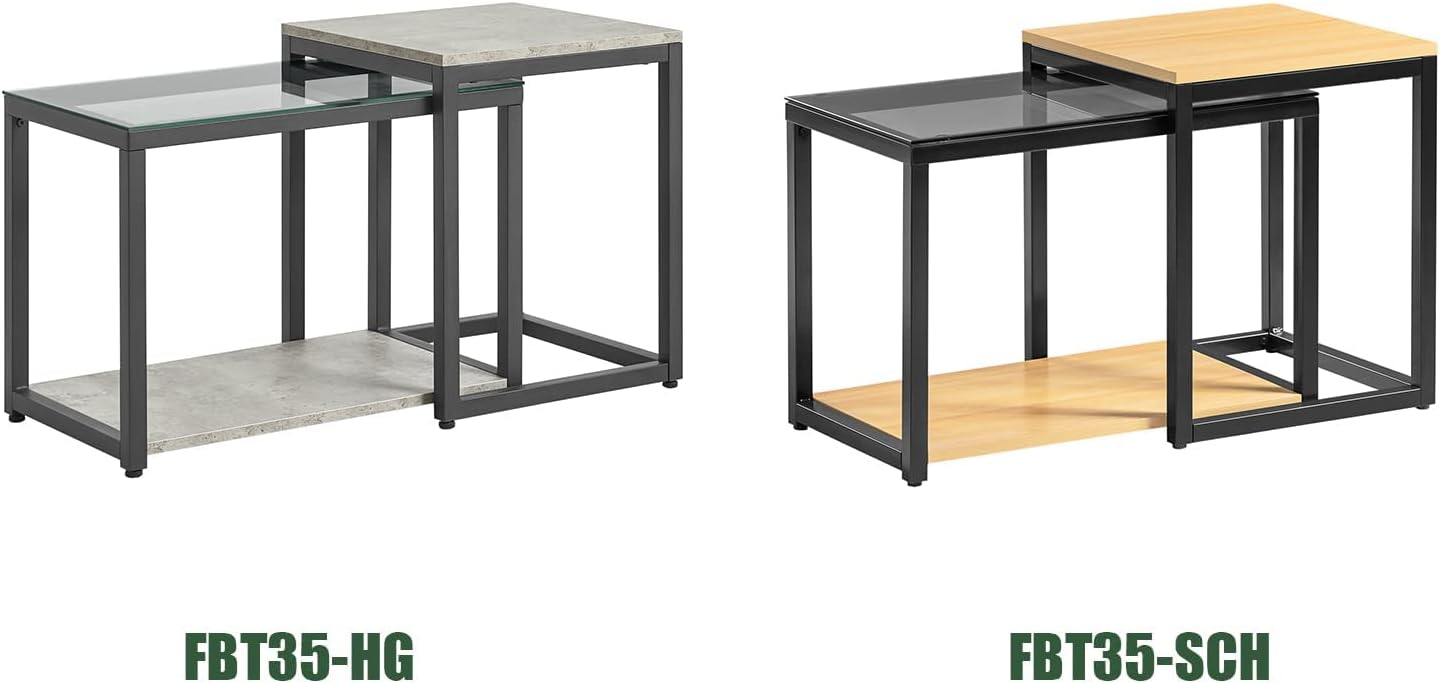 2-tlg. Satztisch Set | Couchtisch mit Glas | Beistelltisch Set | FBT35-HG