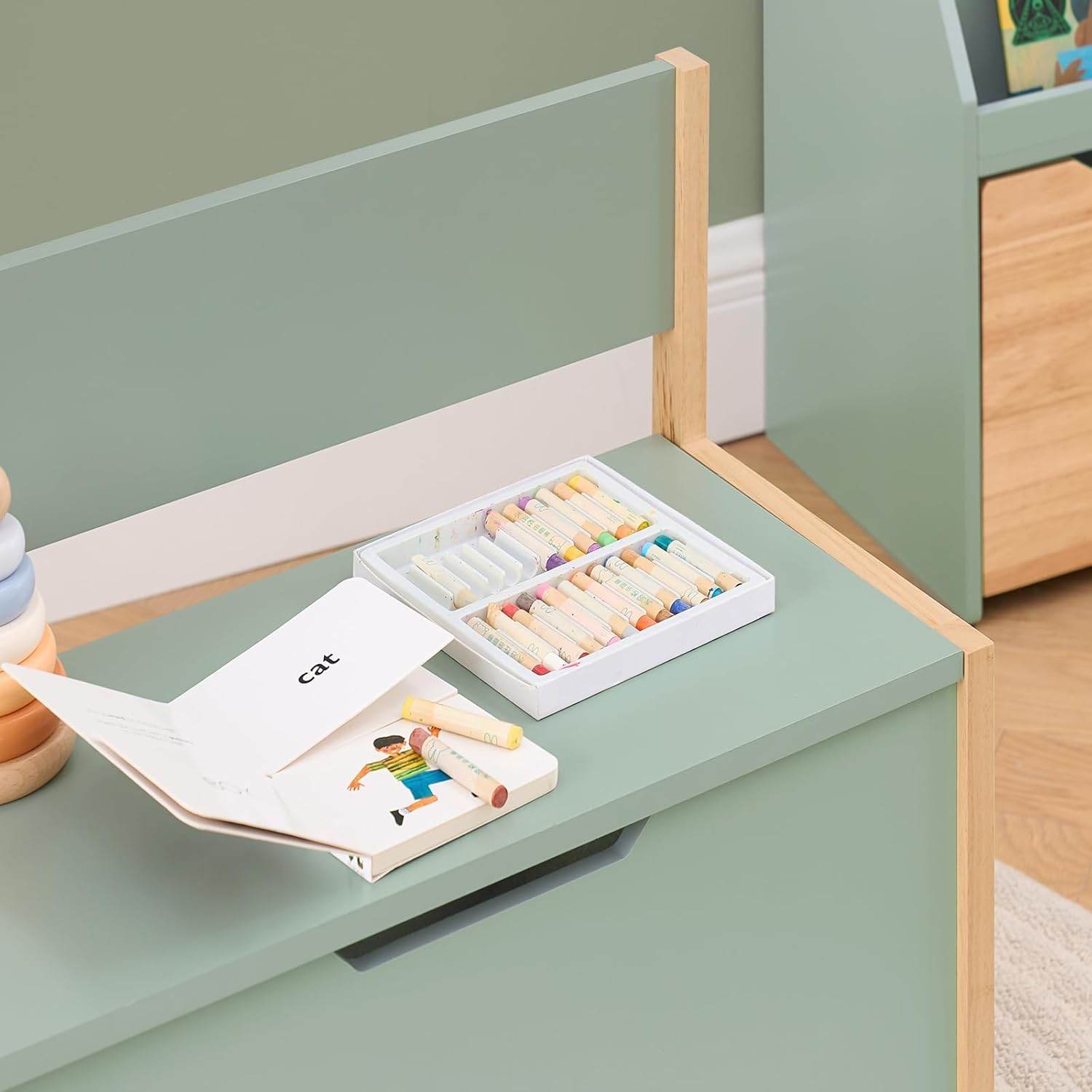 Kinder Sitzbank mit Bücherregal | Spielzeugtruhe | Aufbewahrungsbox | Grün-Natur - Palo24