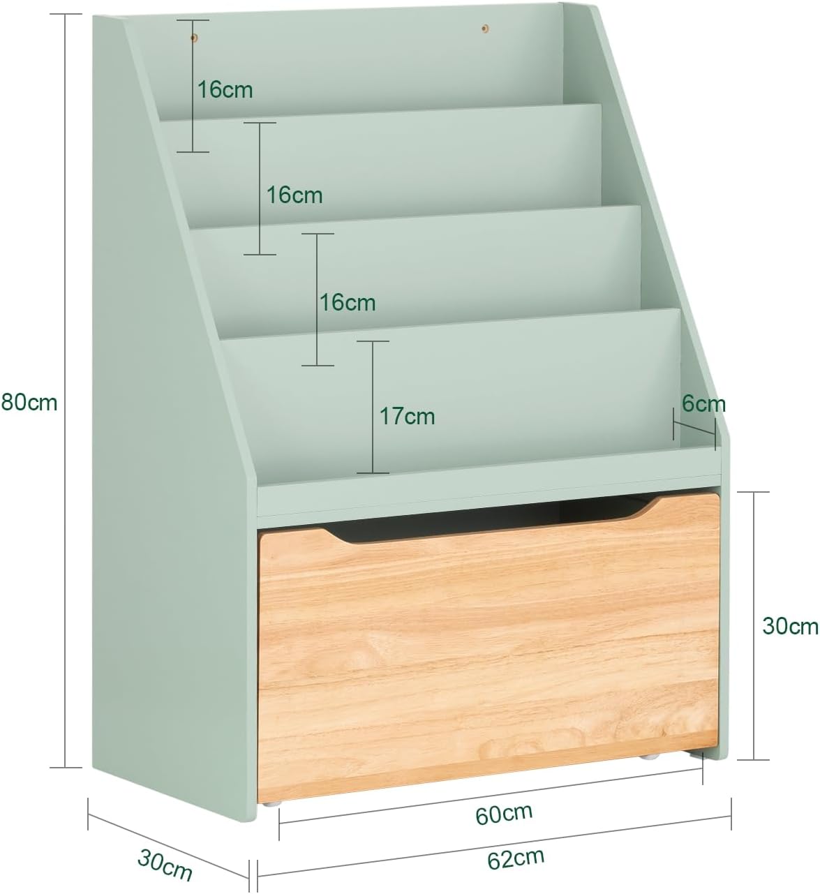Kinder Bücherregal | Spielzeugtruhe | Aufbewahrungsregal Kinderzimmer | Grün-Natur