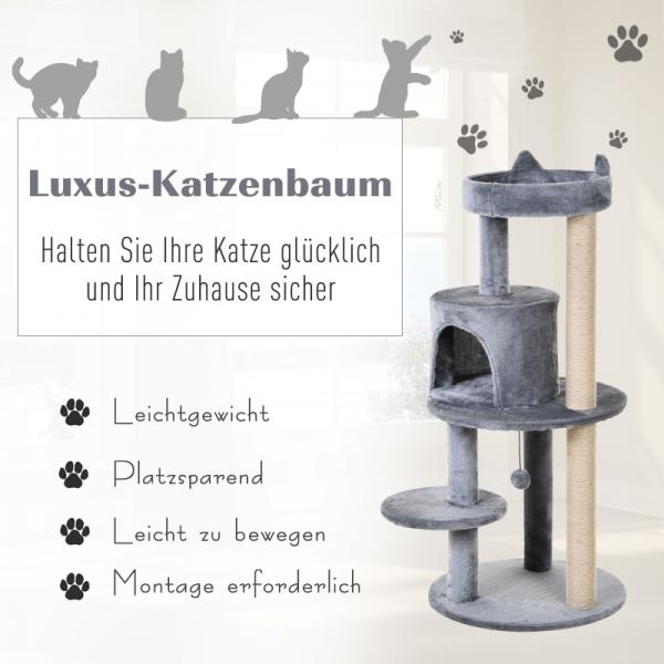 Katzenbaum 4-Stock Katzenhöhle mit Spielbällen Sitzstange Sisalsäule Sisal Plüsch Grau - Palo24