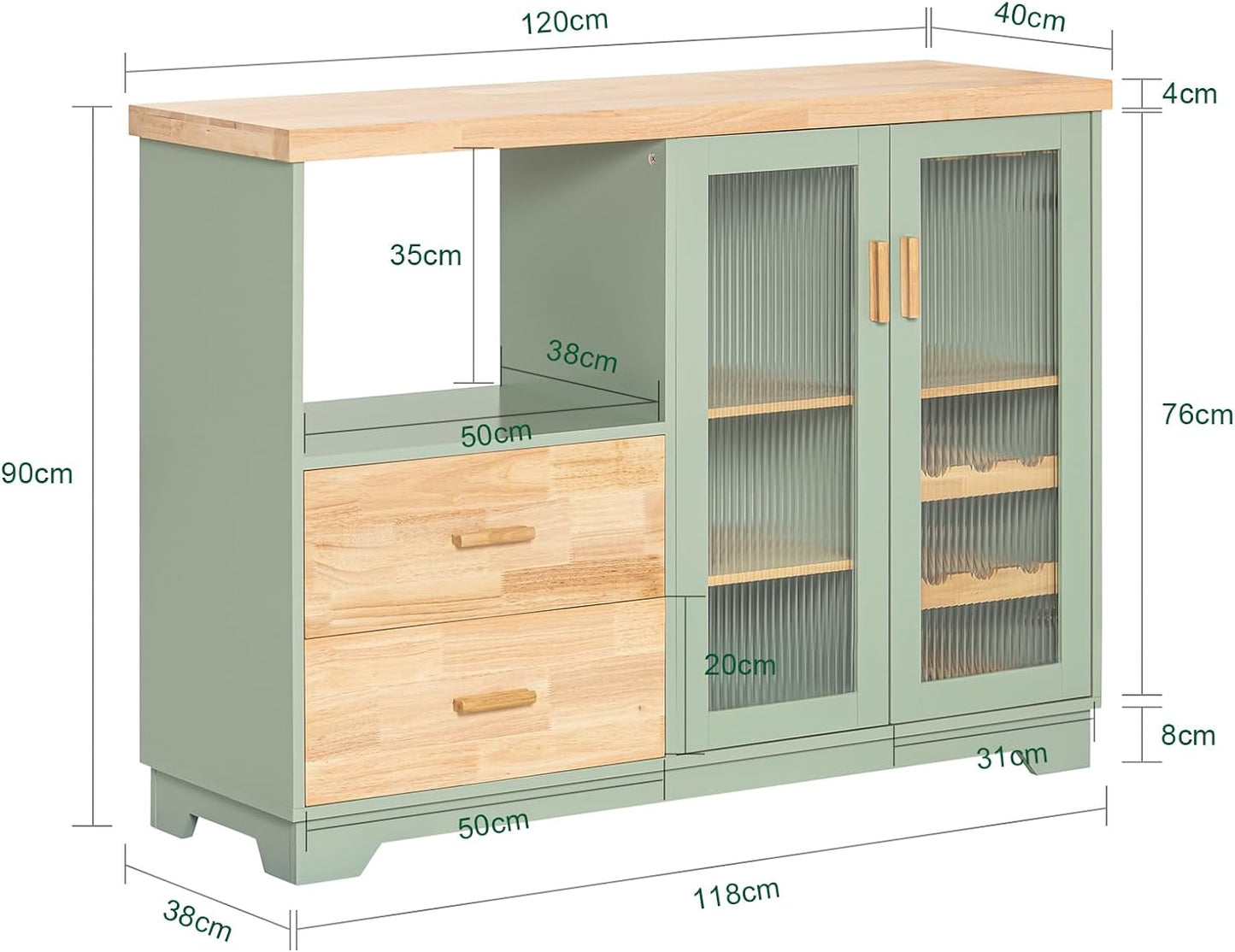 Sideboard mit 2 Glastüren | Küchenschrank | Kommode | Flurschrank | Grün