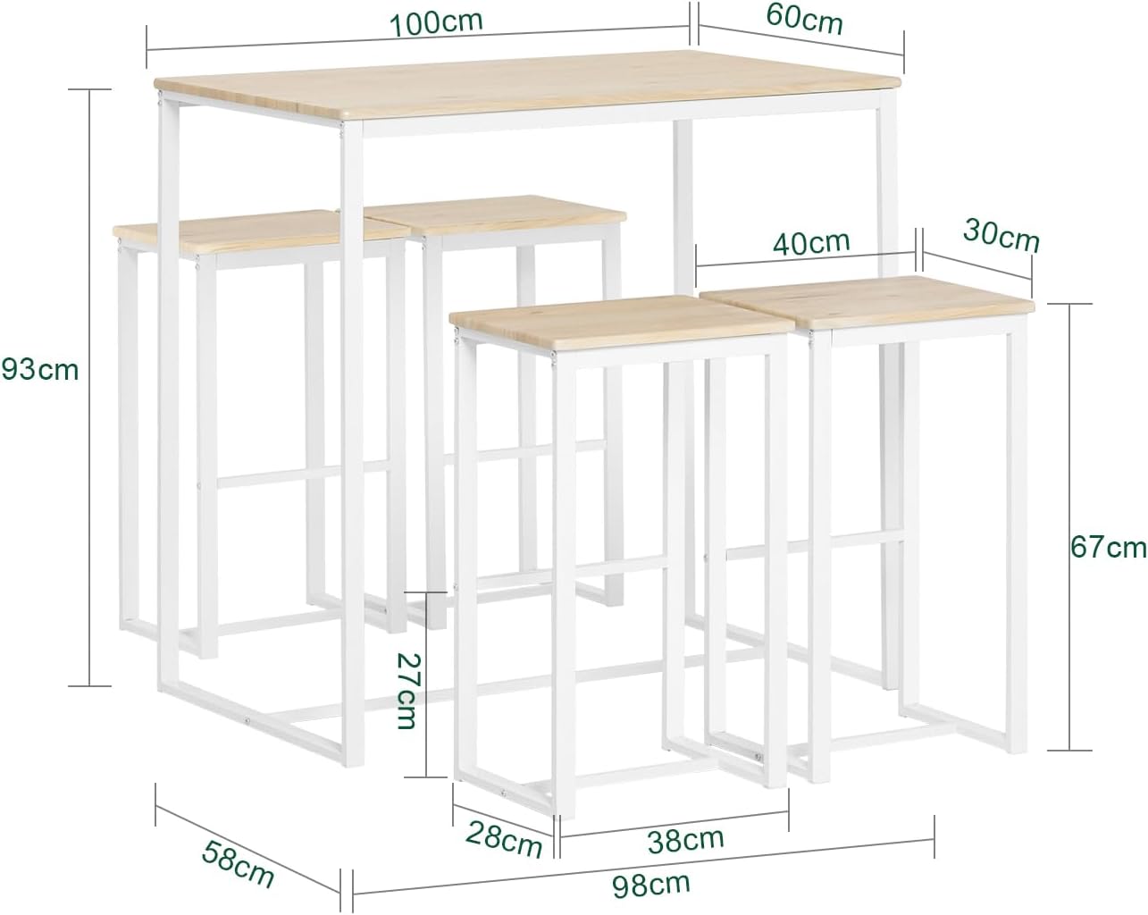 Tavolo da bar con 4 sgabelli | set tavolo da bar | tavolo da bar | 5 pezzi | bianco-naturale | OGT15-WN