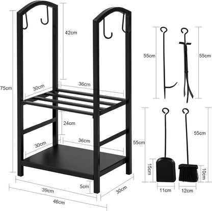 Kaminholzregal mit 4-teilig Kaminbesteck | Brennholzregal | Kaminholzständer | SDA01-SCH