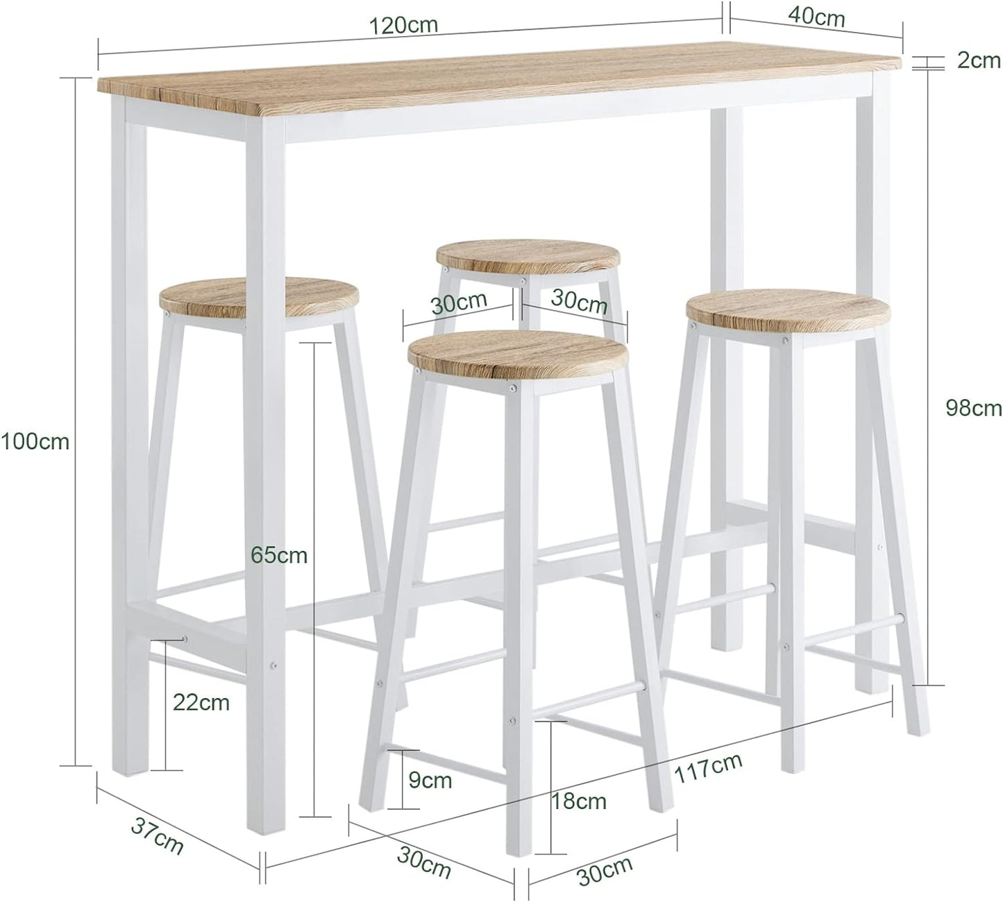 5-teilig Bartisch mit 4 Stühlen | Esstisch set | Stehtisch | Sitzgruppe | Weiss-Natur | OGT22-WN