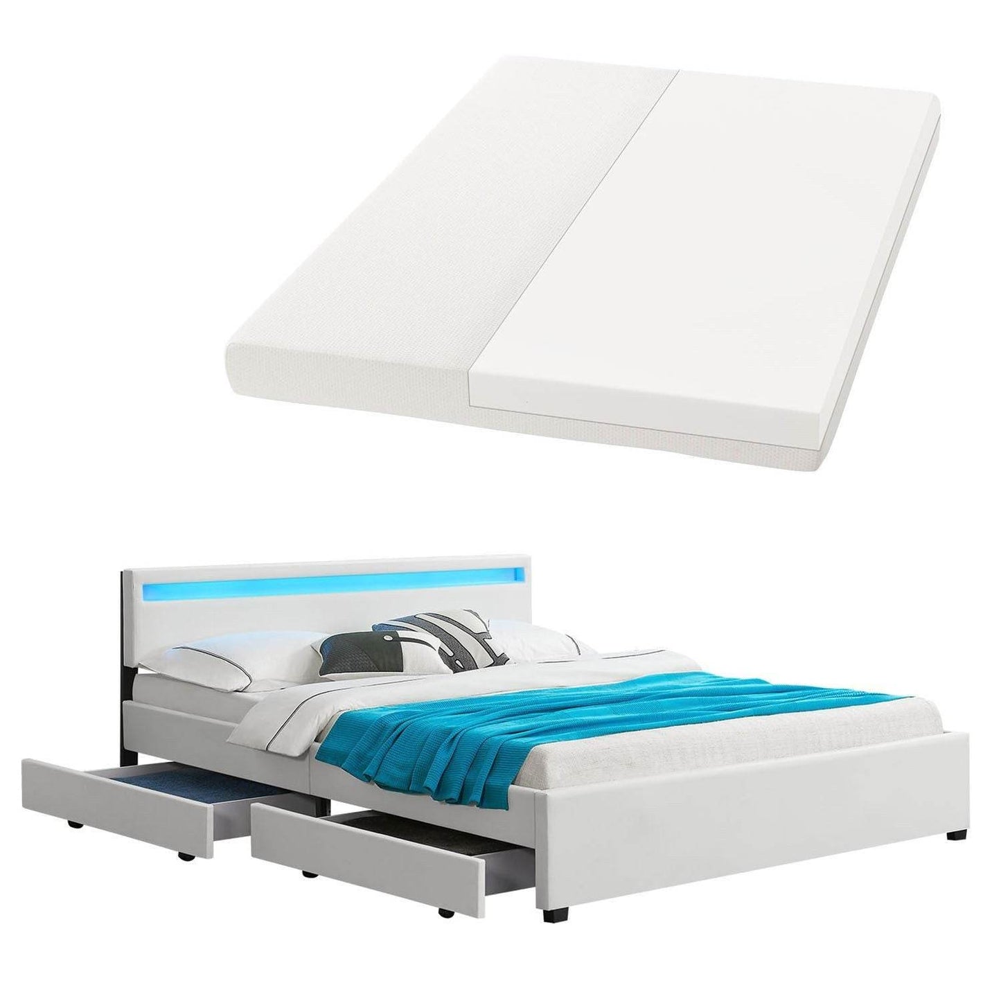 Polsterbett Lyon 180 x 200 cm mit Bettkasten, LED Beleuchtung, Lattenrost & Matratze Weiss - Palo24