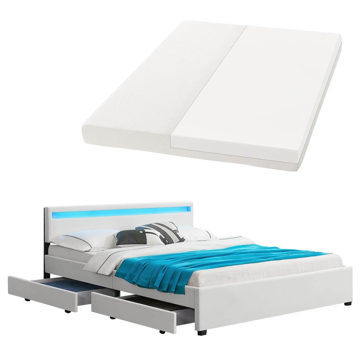 Polsterbett Lyon 180 x 200 cm mit Bettkasten, LED Beleuchtung, Lattenrost & Matratze Weiss - Palo24
