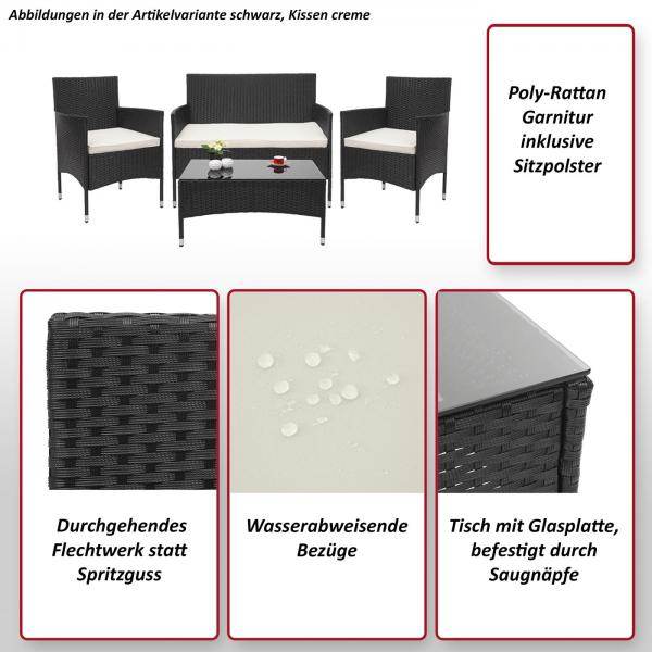 Poly-Rattan Garnitur HWC-F55, Balkon-/Garten-/Lounge-Set Sofa Sitzgruppe ~ schwarz, Kissen creme - Palo24