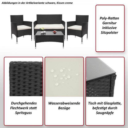 Poly-Rattan Garnitur HWC-F55, Balkon-/Garten-/Lounge-Set Sofa Sitzgruppe ~ schwarz, Kissen creme - Palo24