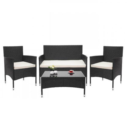 Poly-Rattan Garnitur HWC-F55, Balkon-/Garten-/Lounge-Set Sofa Sitzgruppe ~ schwarz, Kissen creme - Palo24