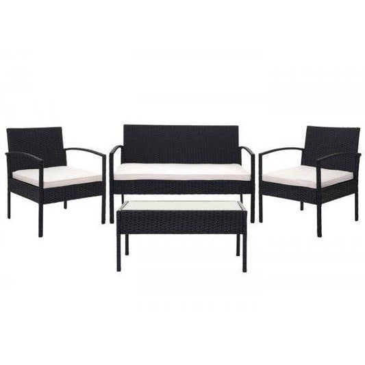 Poly-Rattan Garnitur HWC-F56, Balkon-/Garten-/Lounge-Set Sitzgruppe ~ schwarz, Kissen creme - Palo24