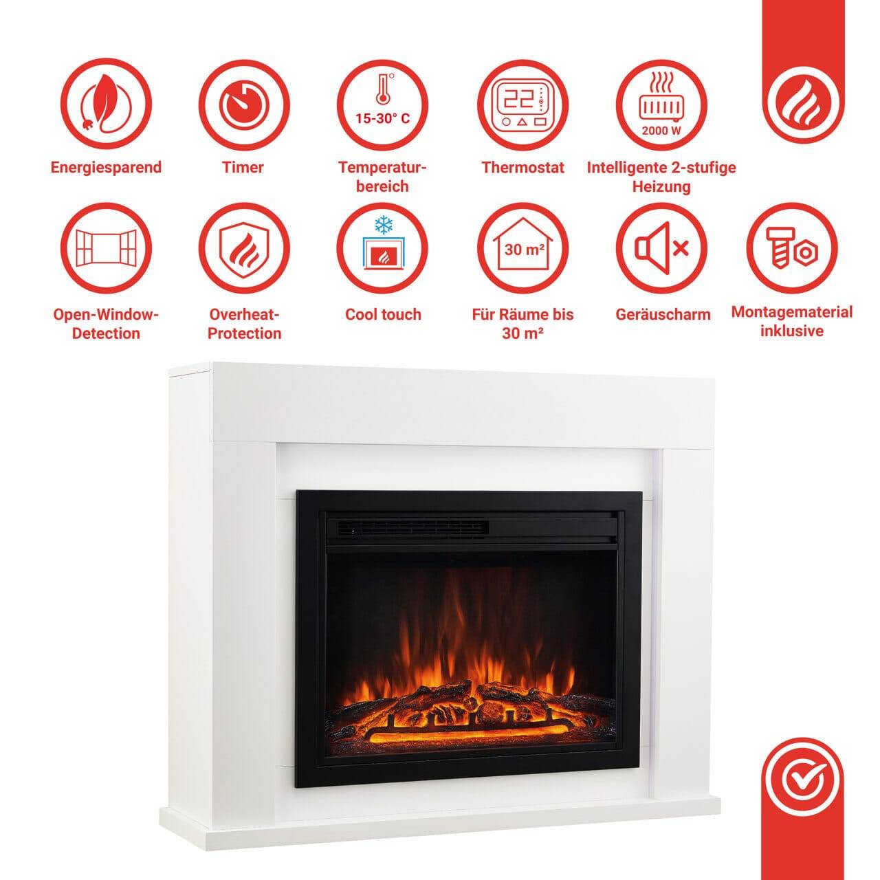 KAMINIO Elektrokamin MATTI Heizung, 3D-Flammeneffekt Weiss - Palo24