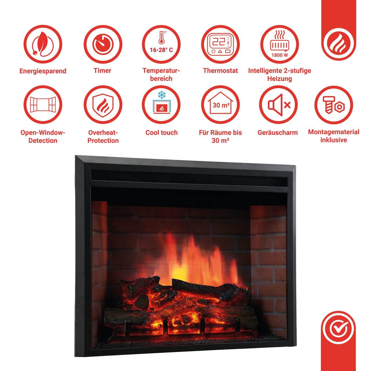 Kamineinsatz/Einbaukamin Luca 23 Zoll 900/1800 Watt Schwarz - Palo24