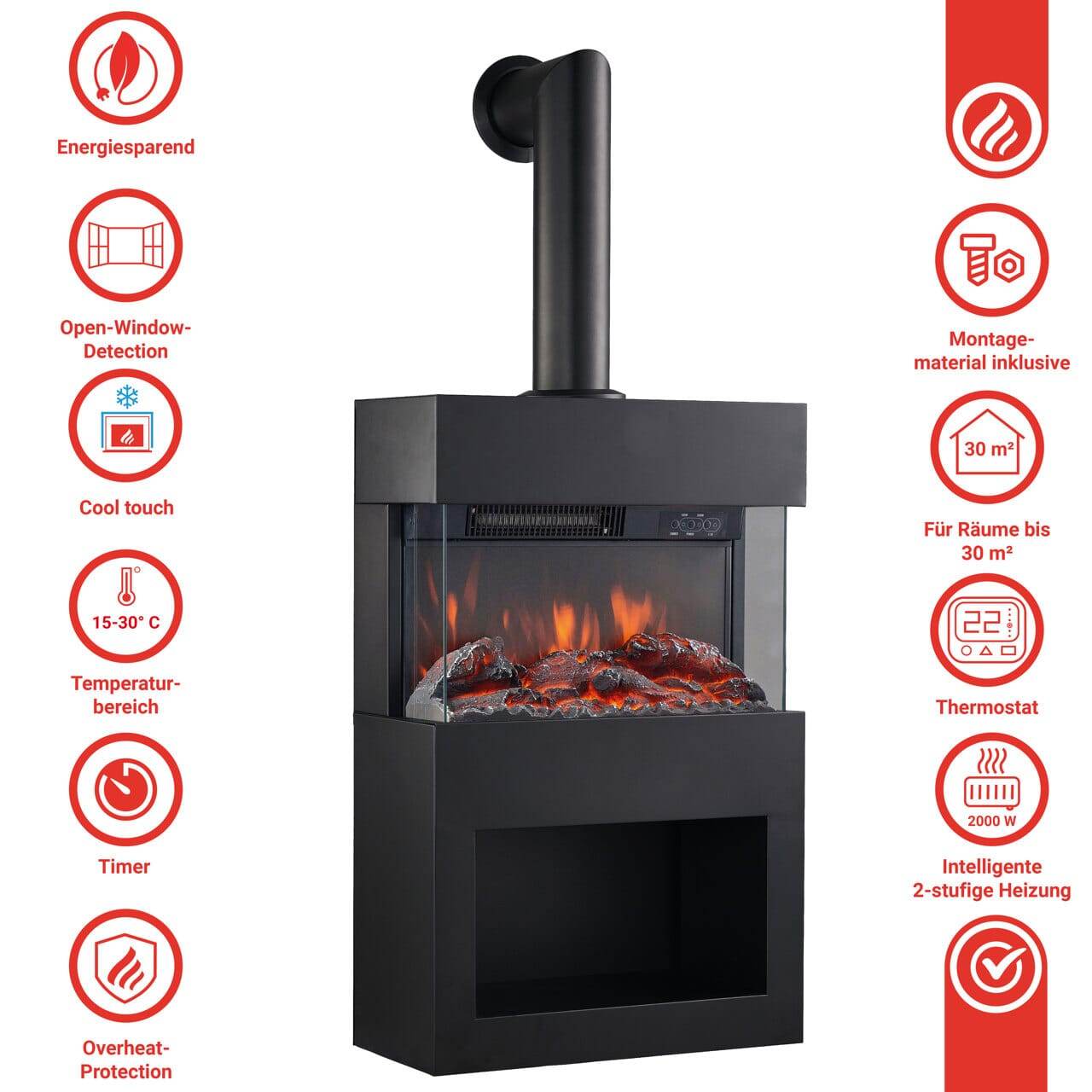 KAMINIO Elektrokamin HENRI mit Ofenrohr - mit Heizung Holzfach Schwarz - Palo24