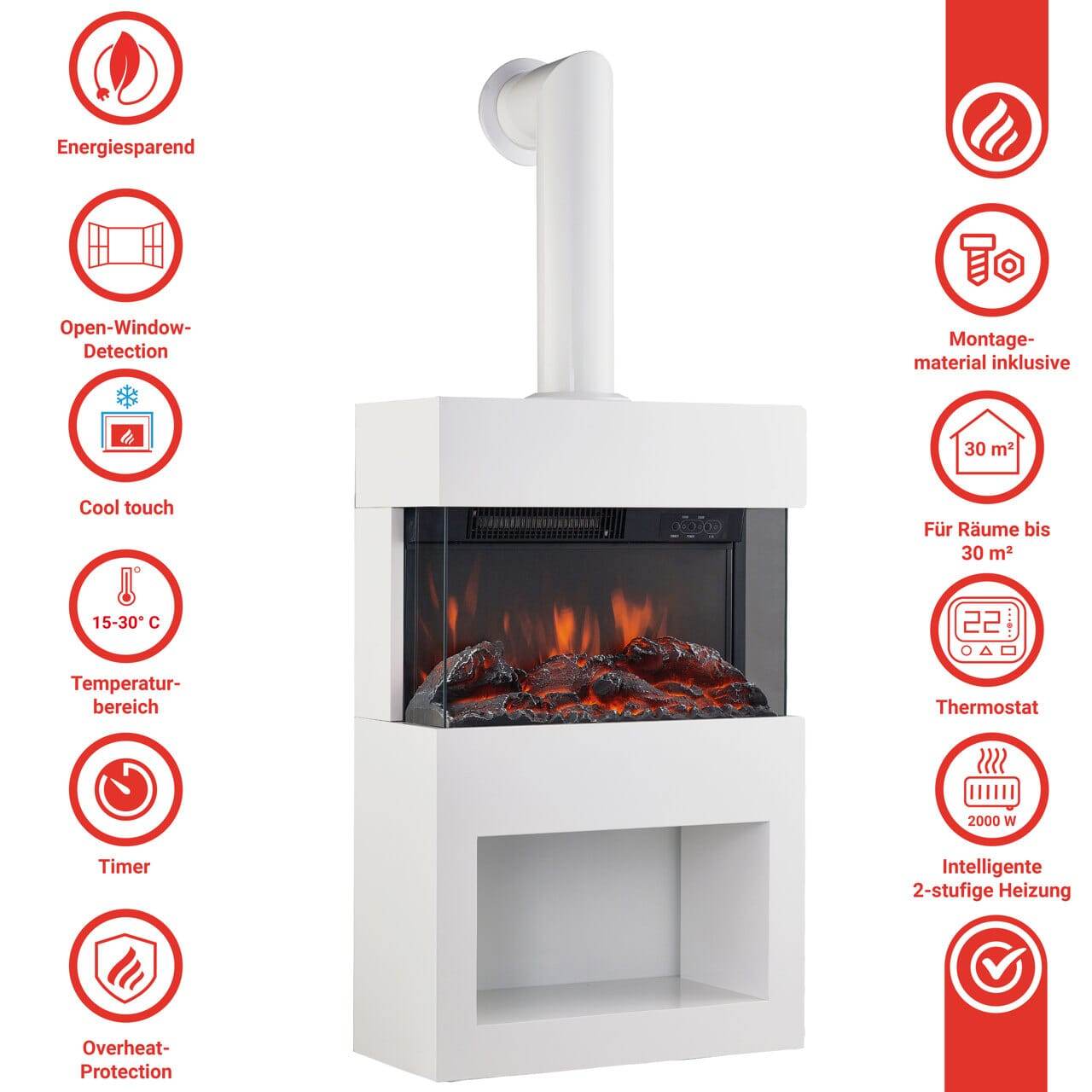 KAMINIO Elektrokamin HENRI mit Ofenrohr - mit Heizung Holzfach Weiss - Palo24