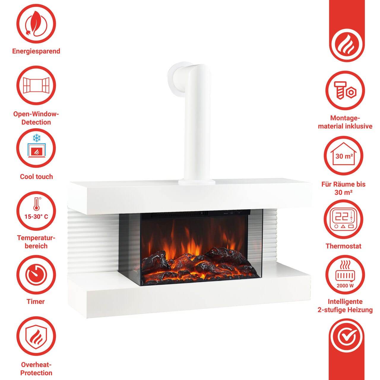 KAMINIO Elektrokamin LIZ mit Ofenrohr - Elektrischer Wandkamin mit Heizung Weiss - Palo24