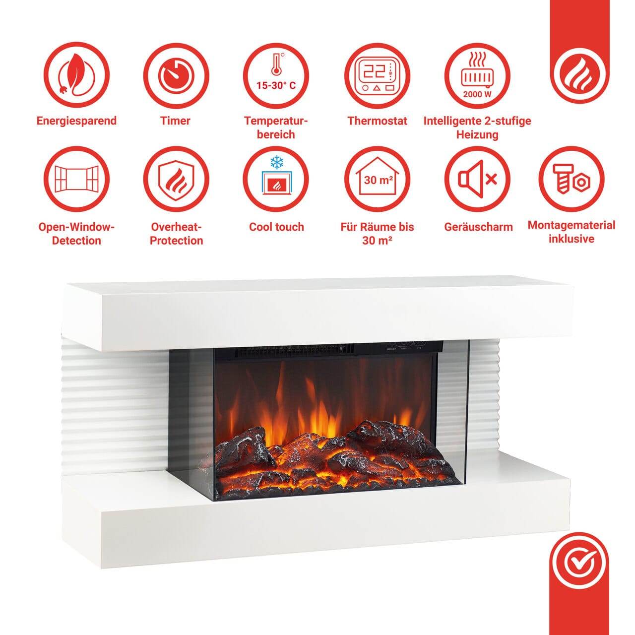 KAMINIO Elektrokamin LIZ - mit Heizung, 3D-Flammeneffekt Weiss - Palo24