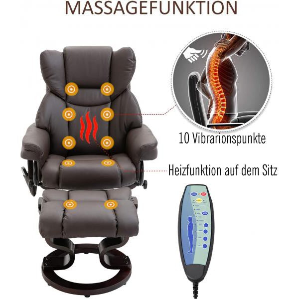 Fauteuil de massage, fauteuil de relaxation avec repose-pieds, fonction chauffante, simili cuir, marron