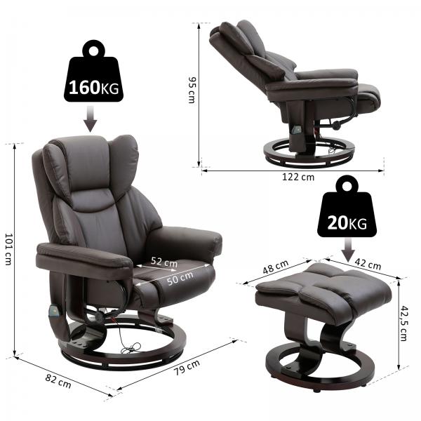 Fauteuil de massage, fauteuil de relaxation avec repose-pieds, fonction chauffante, simili cuir, marron