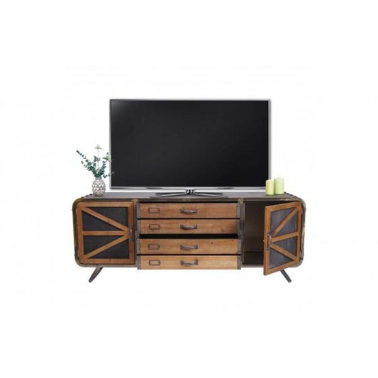 Meuble TV table TV lowboard commode, bois de sapin industriel métal, marron-noir