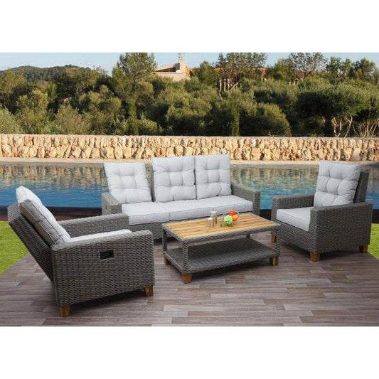 Gartengarnitur HWC-G28, Sitzgruppe Lounge-Set, Akazie Holz halbrundes Rattan verstellbar MVG ~ grau, Kissen hellgrau - Palo24