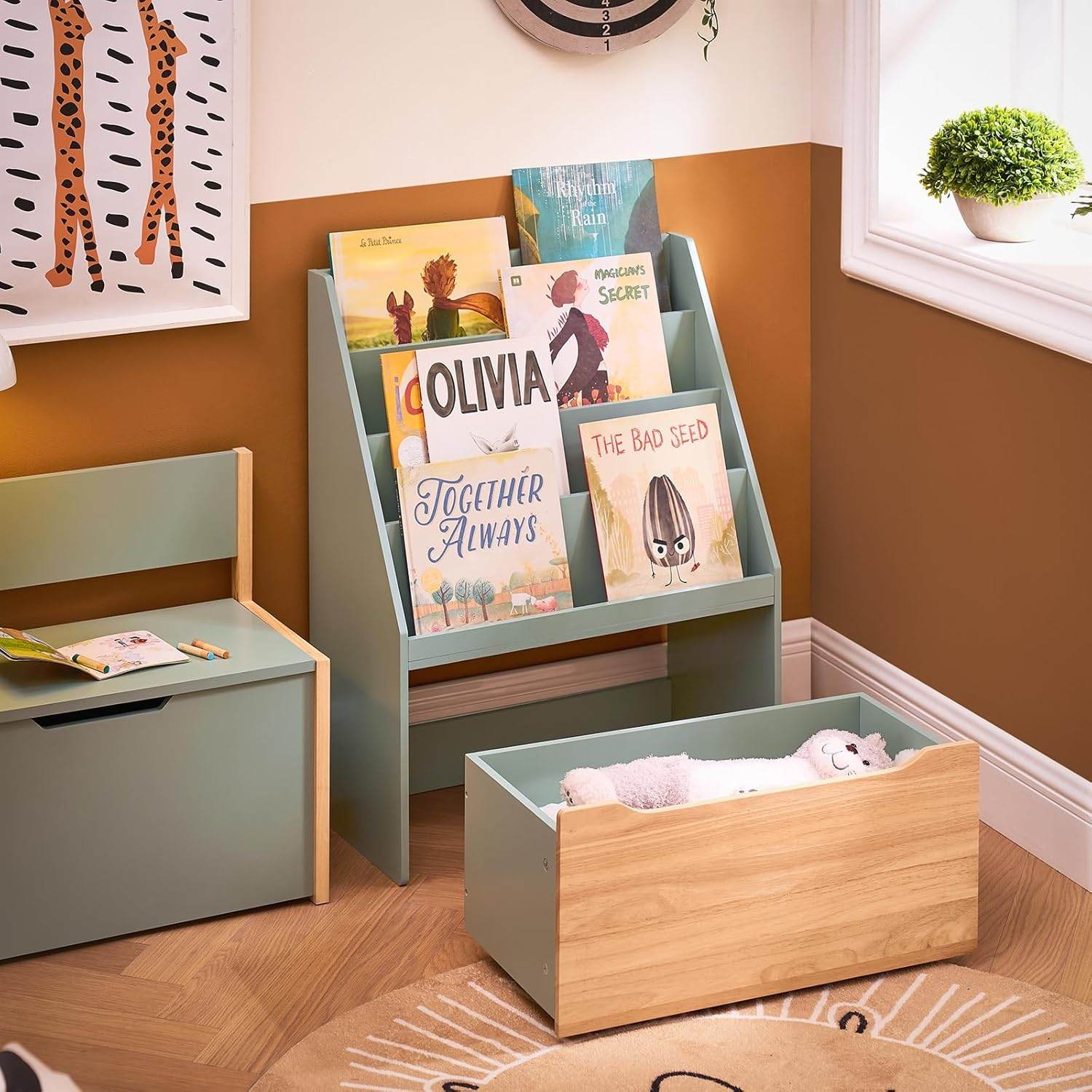 Kinder Bücherregal | Spielzeugtruhe | Aufbewahrungsregal Kinderzimmer | Grün-Natur - Palo24