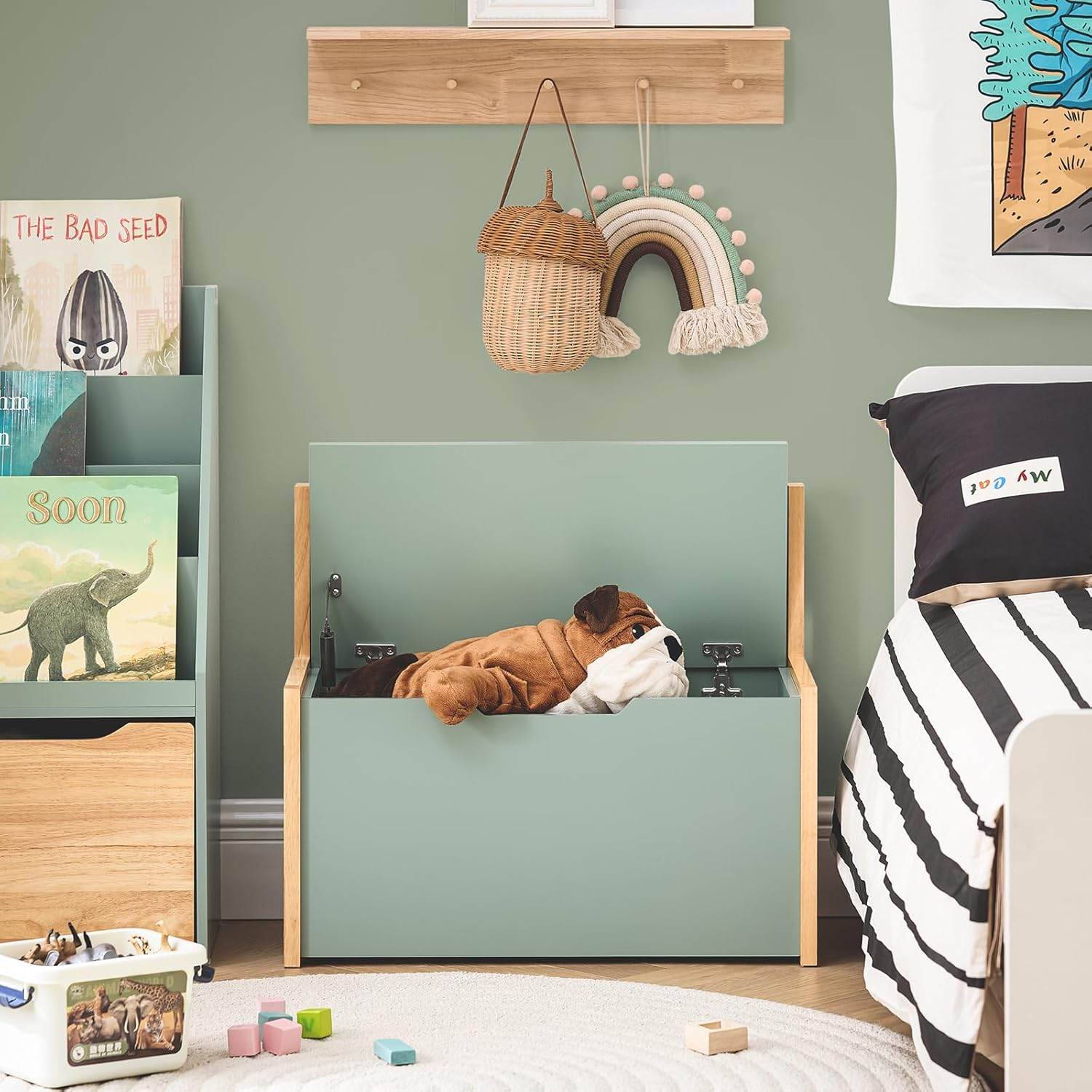 Kinder Sitzbank mit Bücherregal | Spielzeugtruhe | Aufbewahrungsbox | Grün-Natur - Palo24