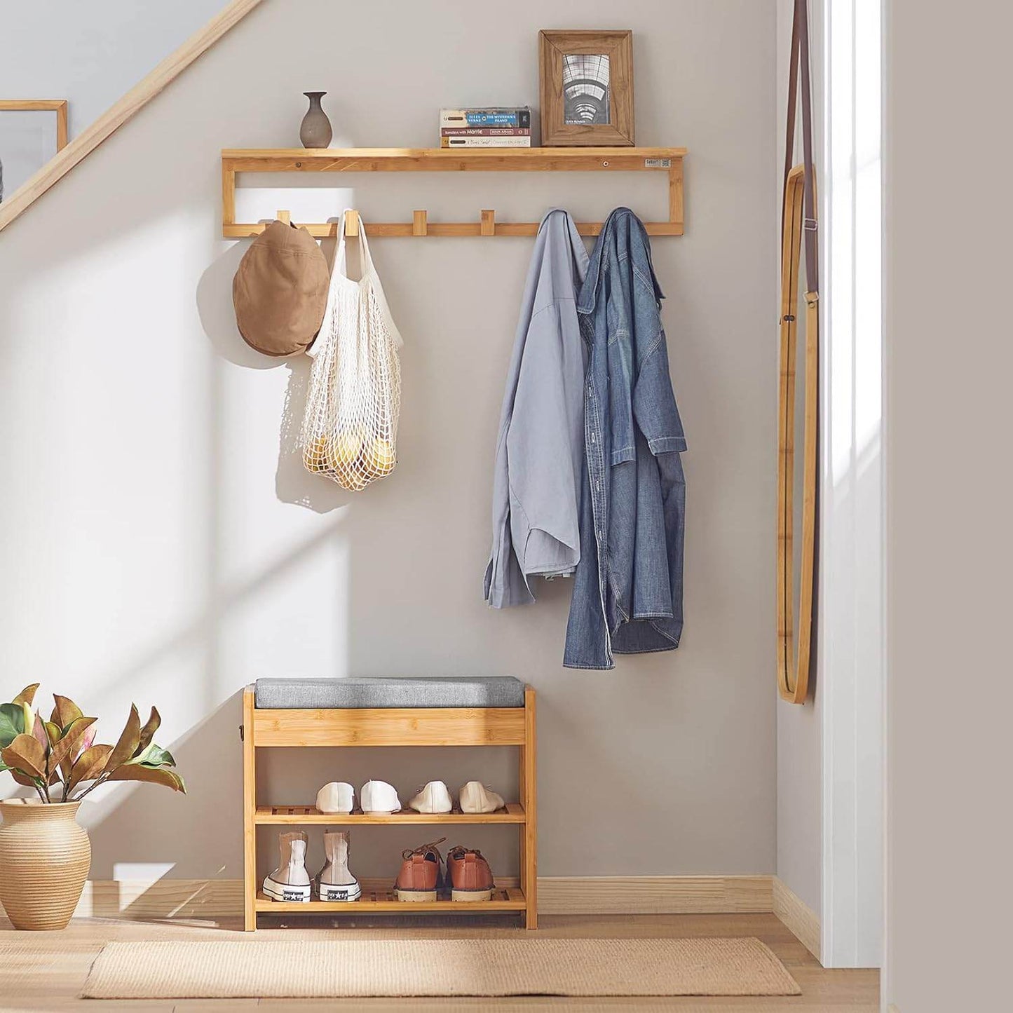 Wandgarderobe mit 6 Kleiderhaken | Flurgarderobe Bambus | FHK06-N - Palo24