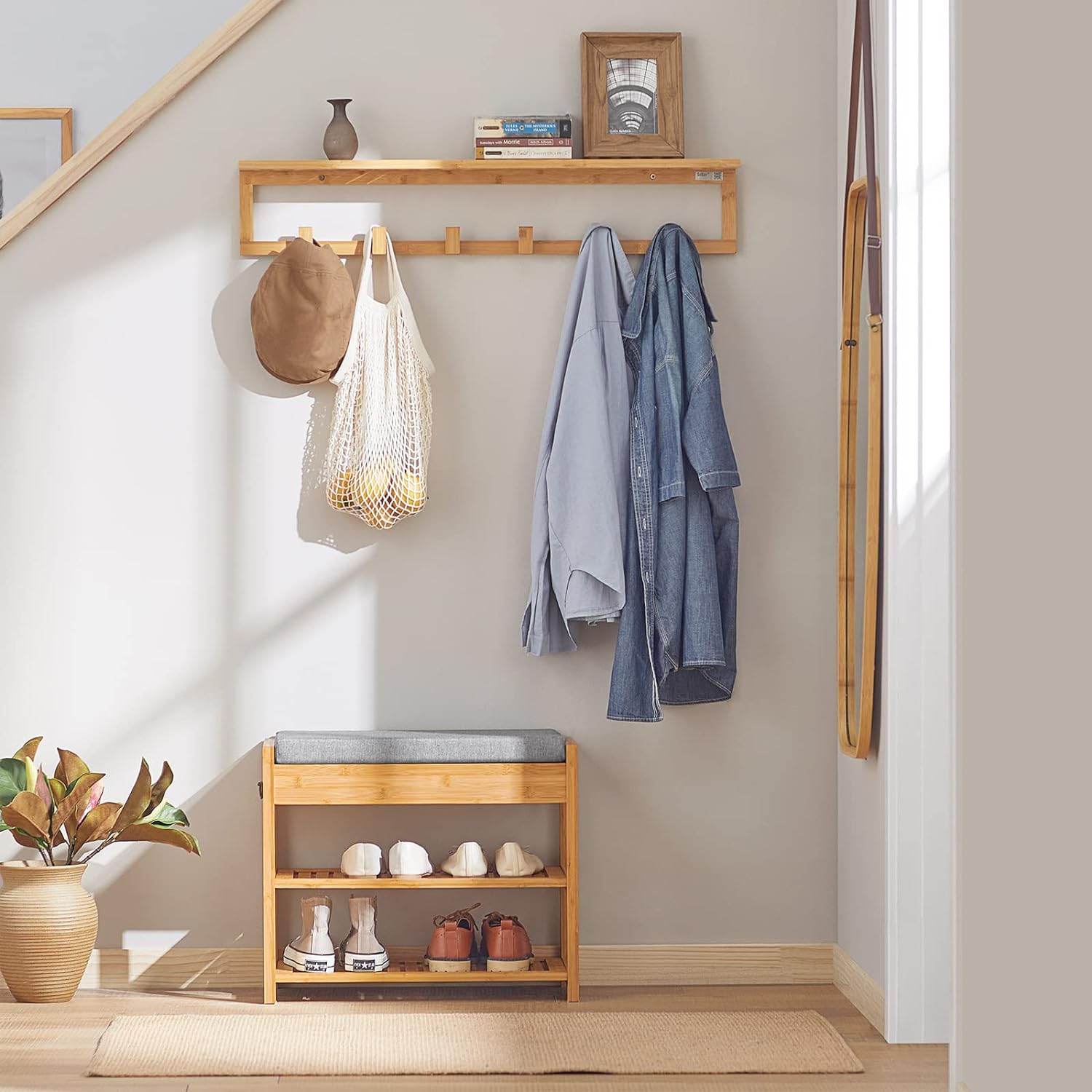 Wandgarderobe mit 6 Kleiderhaken | Flurgarderobe Bambus | FHK06-N - Palo24