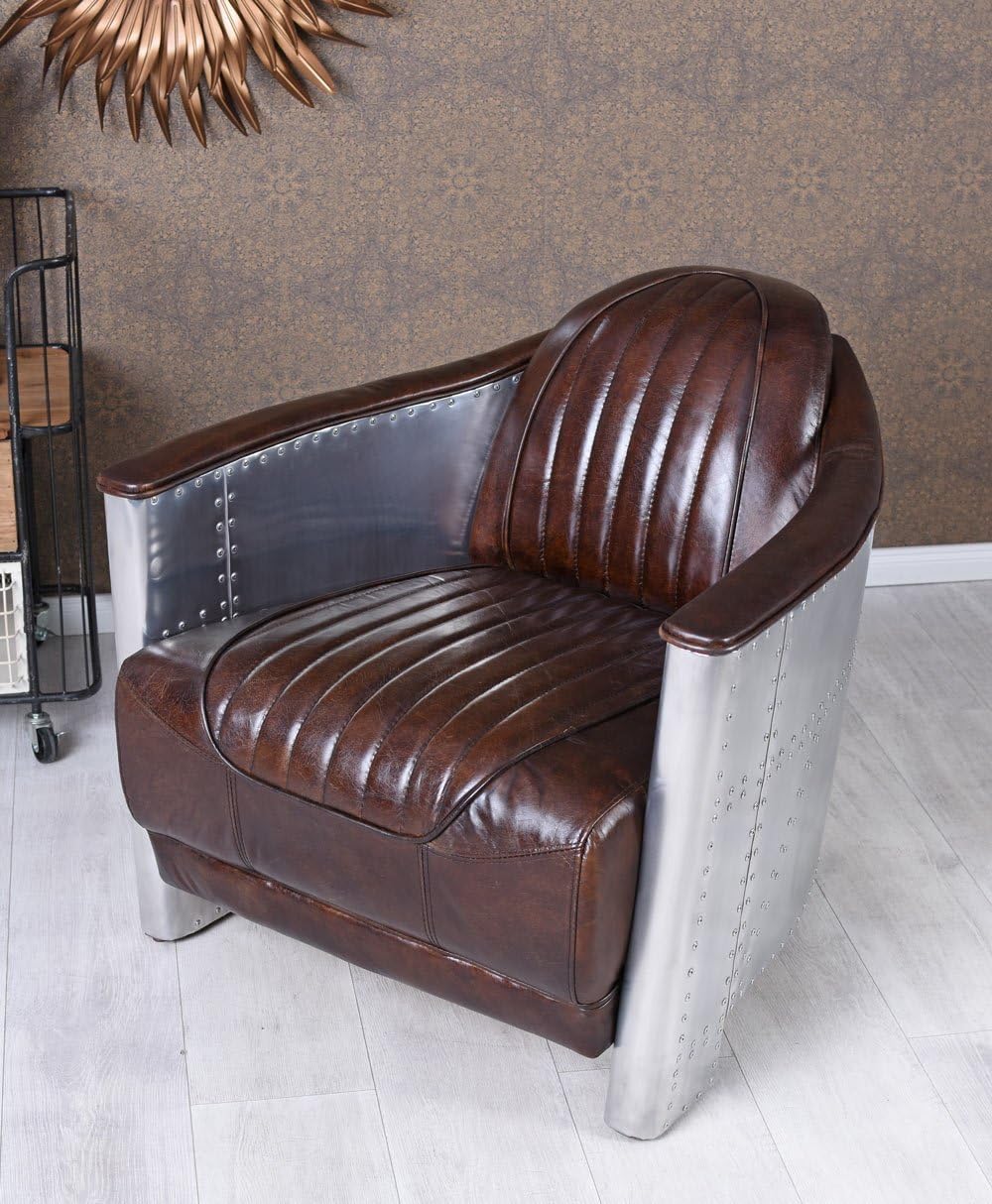 Ledersessel Flugzeug Design Clubsessel Leder & Metall gepolster Sessel Aviator - Palo24