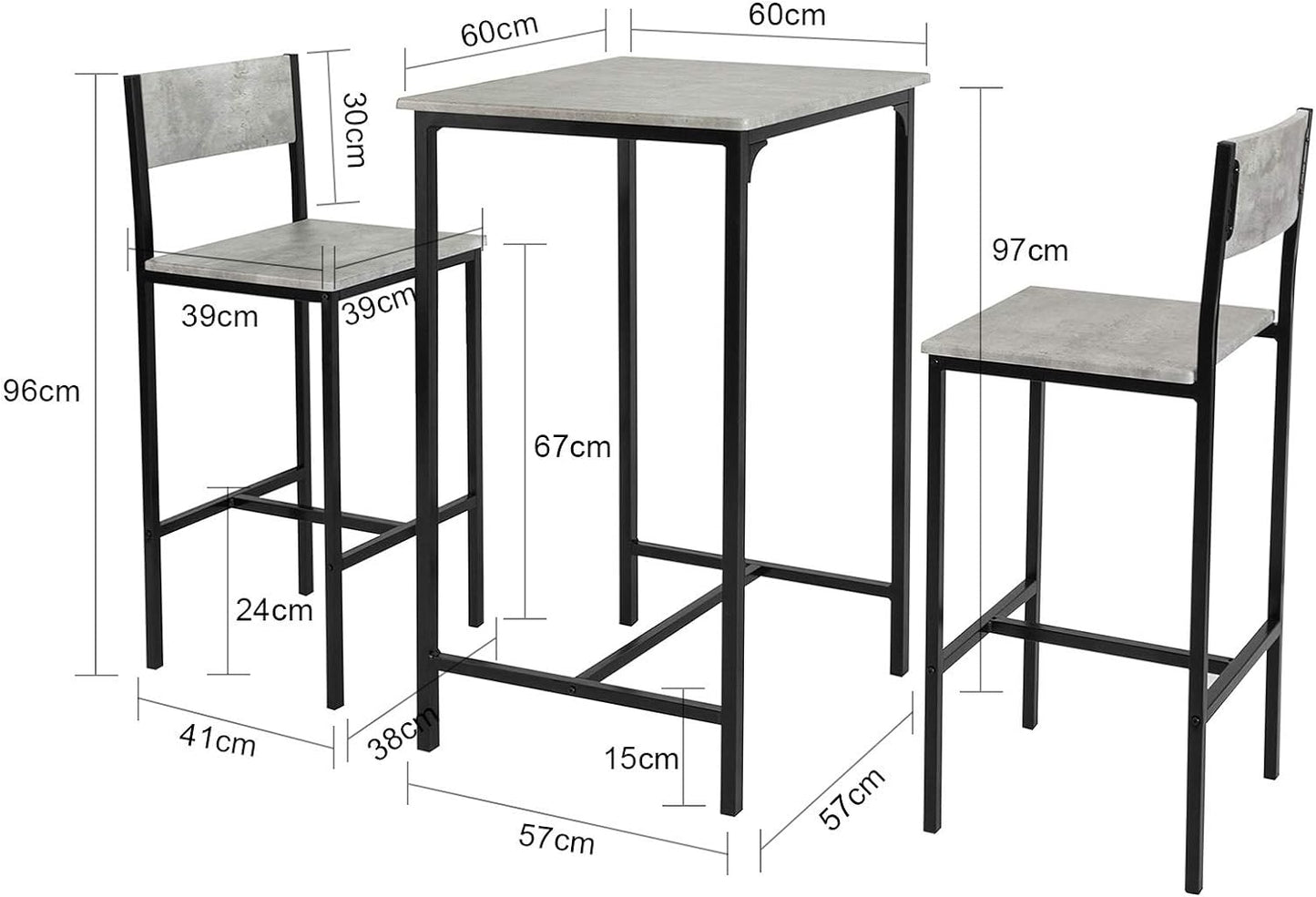 Bartisch mit 2 Barhocker | Bartisch set | 3-teilig | grau | OGT27-HG