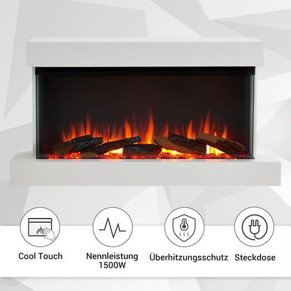 Elektrischer Wandkamin mit 3D-Flammeneffekt | Heizung 1500W, LED-Beleuchtung | Weiss