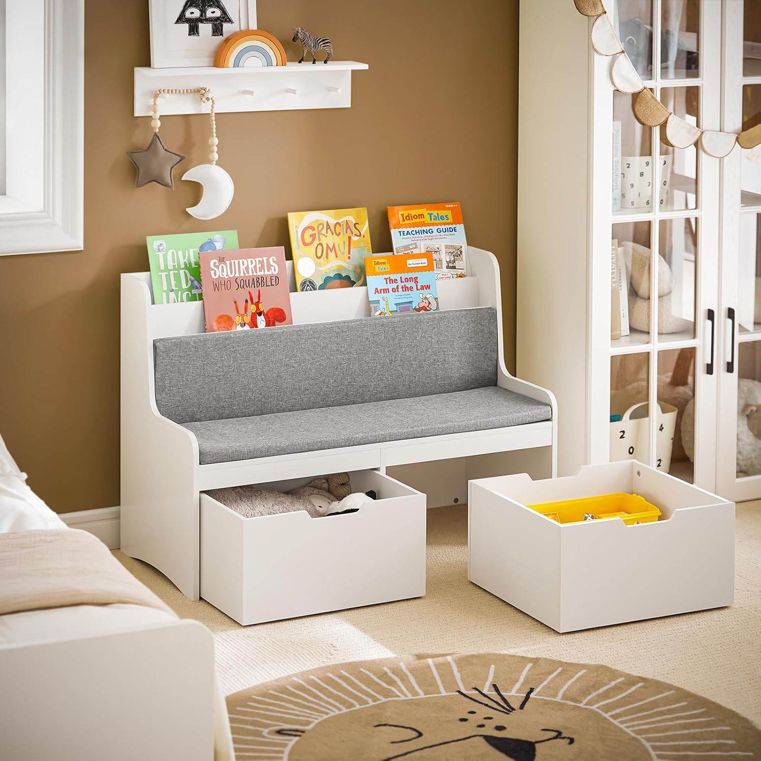 Sitzbank mit Bücherregal und Sitzkissen | Spielzeugtruhe | Aufbewahrungsbox mit Rollen | Weiss - Palo24