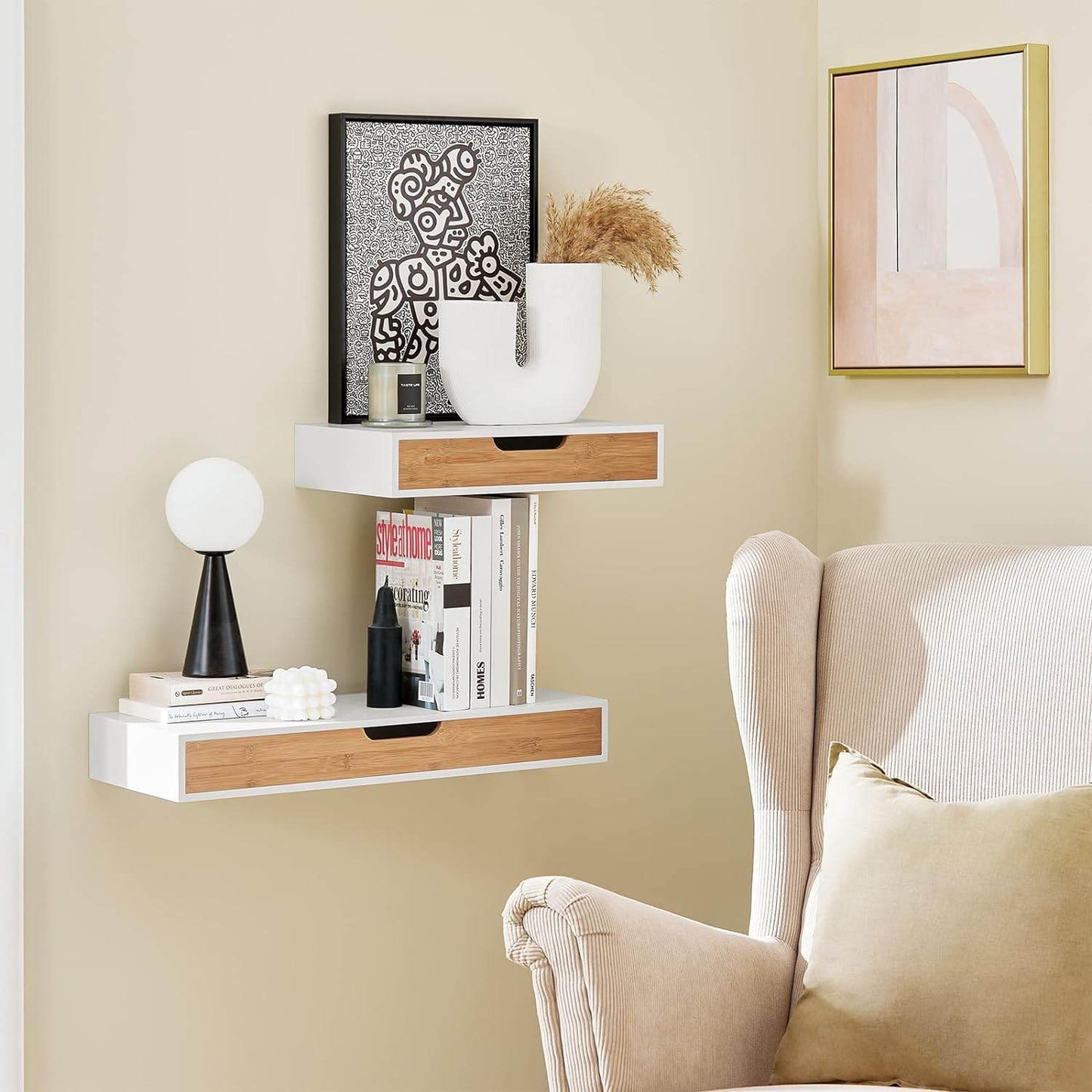 Schweberegal Weiss Hängeschublade | Wandschublade Bambus | FRG92-WN - Palo24