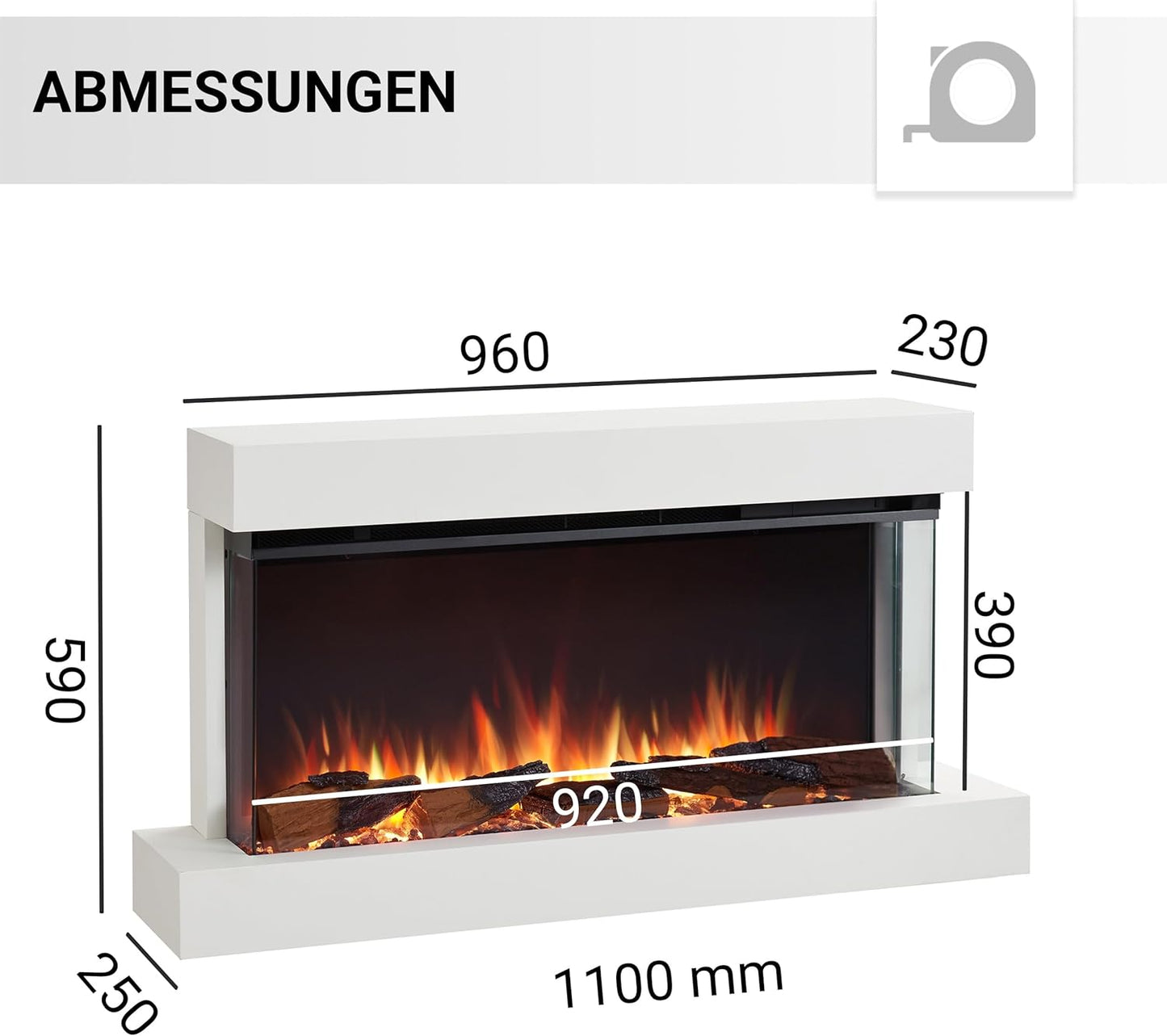 Elektrischer Wandkamin mit 3D-Flammeneffekt | Heizung 1500W, LED-Beleuchtung | Weiss