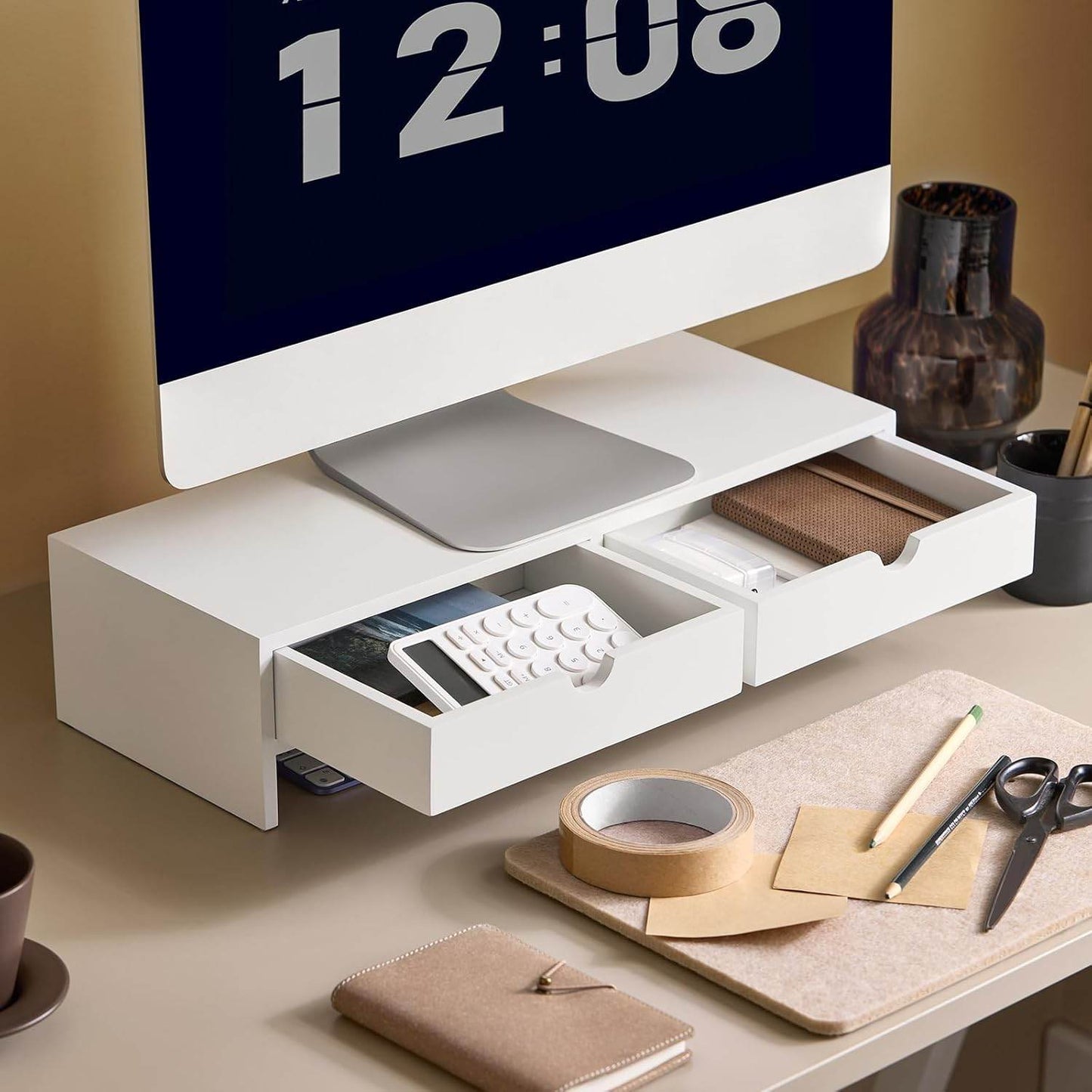 Monitorerhöhung | Monitorständer mit Schubladen | Weiss BBF02-W - Palo24