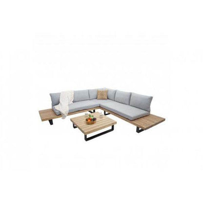 Garten-Garnitur HWC-H54, Garnitur Sitzgruppe Lounge-Set, Spun Poly Akazie Holz MVG Alu ~ hellbraun, Polster hellgrau - Palo24