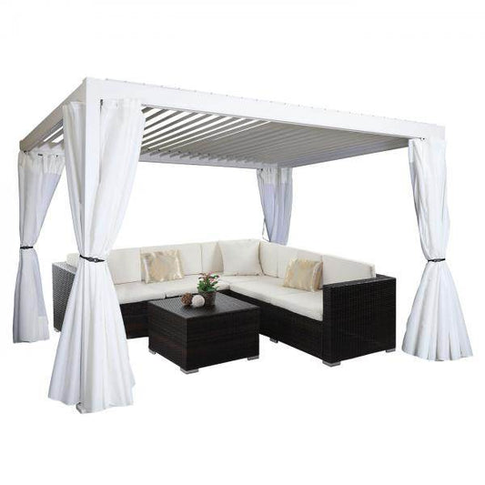 Pergola HWC-J32, Garten Lamellen-Pavillon, 11cm-Alu-Gestell 4x3m ~ weiß mit Seitenwand + Moskitonetz weiss - Palo24