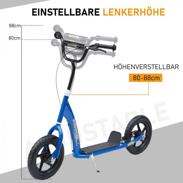 Kinderroller mit Hinterbremse Kickscooter 12 Zoll Tretroller Cityroller Kickboard Höhenverstellbar Stahl EVA Blau