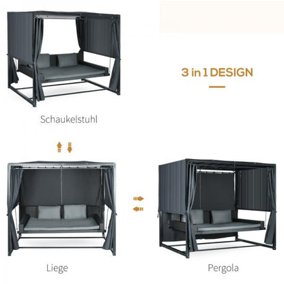 Outdoor-Schaukelbett aus PE-Rattan mit Baldachin, inkl. Kissen, wetterbeständig, Grau - Palo24