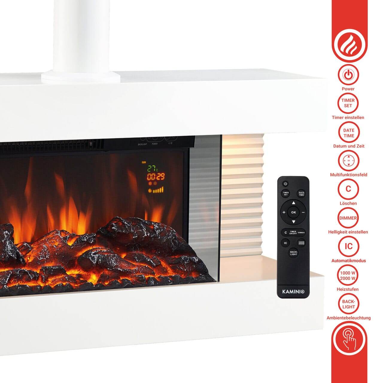 KAMINIO Elektrokamin LIZ mit Ofenrohr - Elektrischer Wandkamin mit Heizung Weiss - Palo24