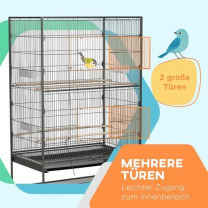 Cage à oiseaux comprenant perchoirs, jouets pour oiseaux, plateau de base amovible, 1 étagère, gris