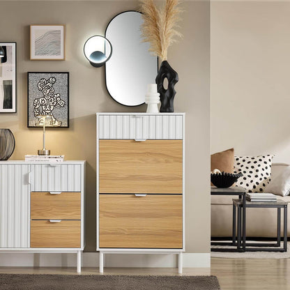 Schuhkipper mit 2 Klappen | Schuhschrank schmal | Schuhkommode | Weiss-Natur - Palo24