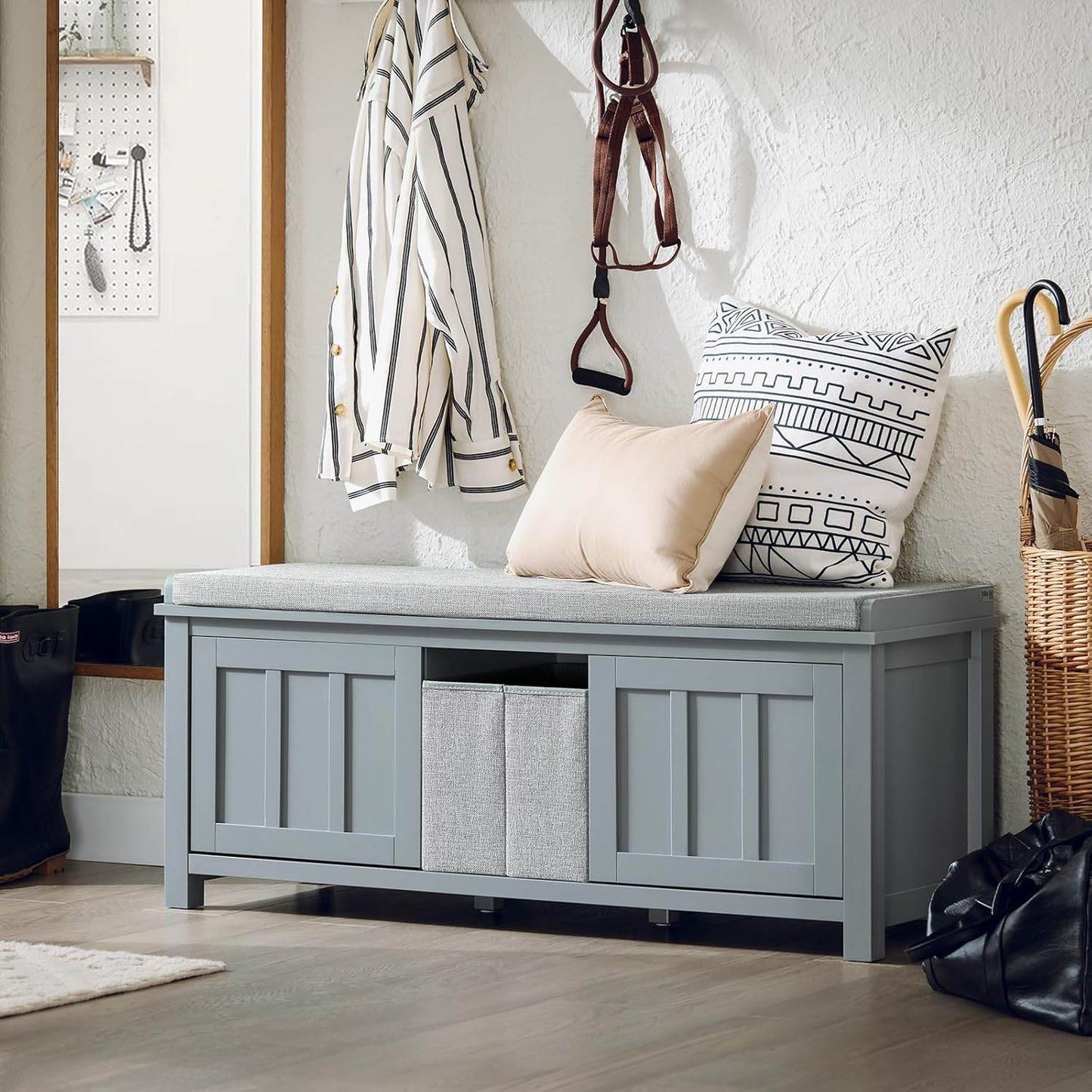 Sitzkommode | Schuhbank mit Sitzfläche | Sitzbank mit 1 Korb | Hellgrau - Palo24