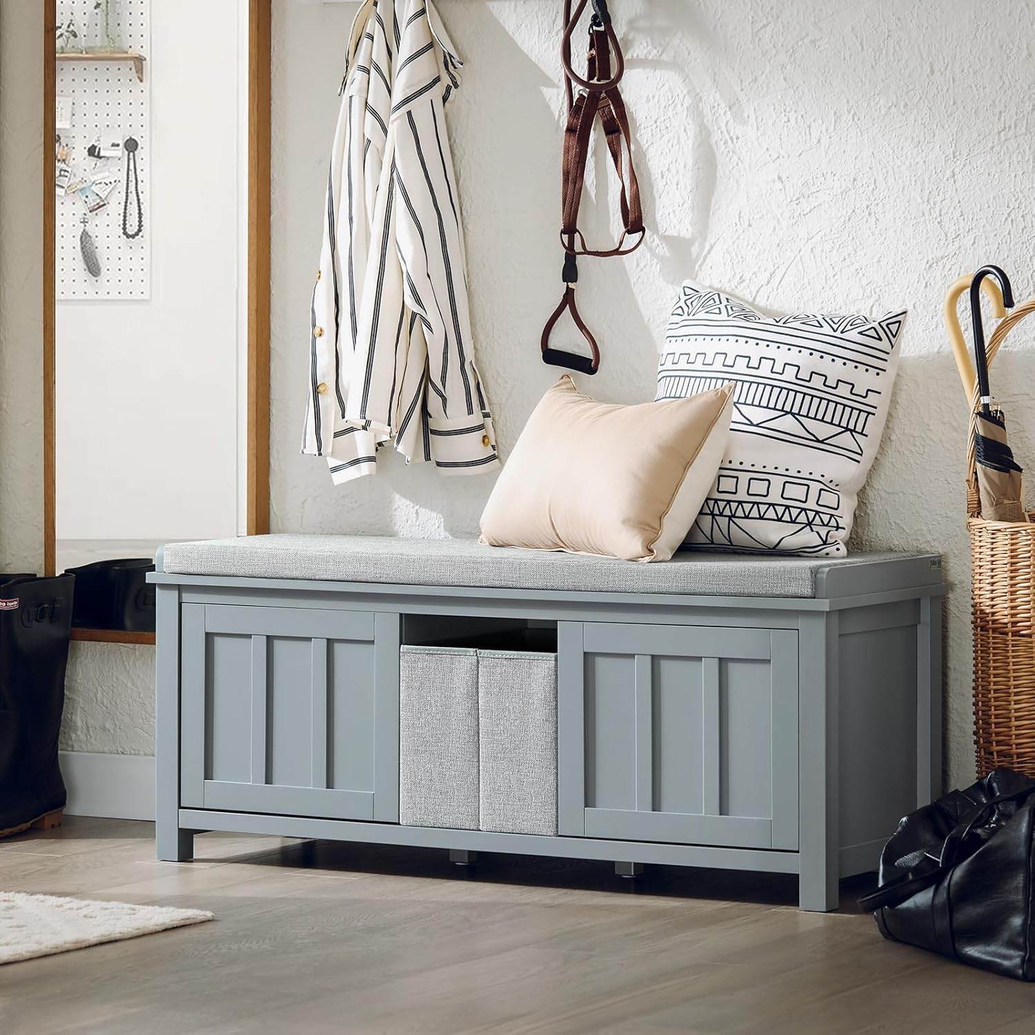 Sitzkommode | Schuhbank mit Sitzfläche | Sitzbank mit 1 Korb | Hellgrau - Palo24