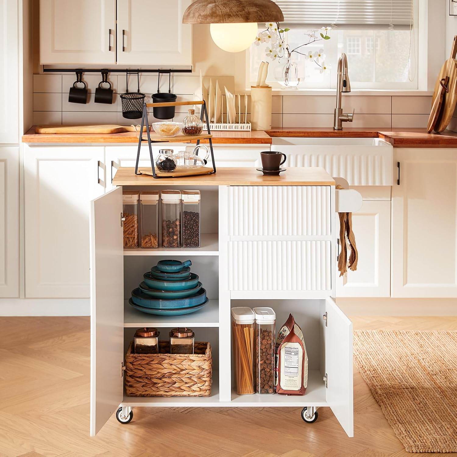 Design Kücheninsel | Servierwagen Weiß | Küchenwagen mit Arbeitsplatte - Palo24